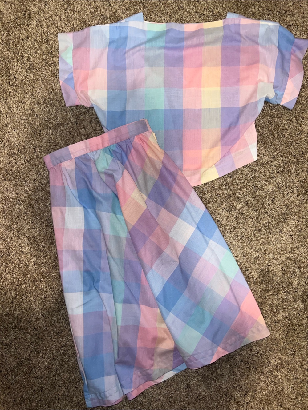 Handmade Vintage Skirt Blouse Cottagecore XS Pastel Plaid Cotton Anthropologie